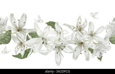Weiße Blüten in einem Blumenstrauß und grüne Blätter an einem nahtlosen horizontalen Rand. Aquarellabbildung in digitaler Form. Kaffeebaumblüten isoliert auf Backg Stockfoto