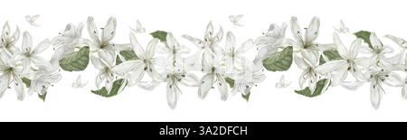 Weiße Blüten in einem Blumenstrauß und grüne Blätter an einem nahtlosen horizontalen Rand. Aquarellabbildung in digitaler Form. Kaffeebaumblüten isoliert auf Backg Stockfoto