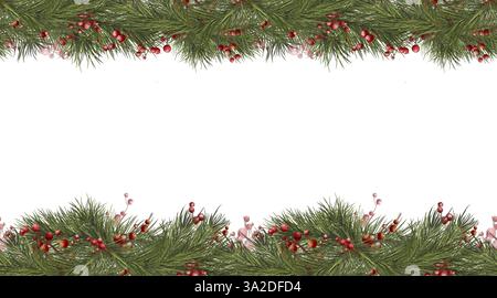 Flauschige Tannenzweige und festliche rote Beeren. Weihnachtsbaumzweige an horizontaler, nahtloser Grenze, isoliert auf Hintergrund. Aquarellfarbe Digital Illust Stockfoto