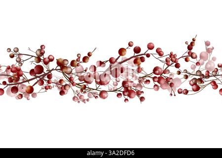 Rote Beeren an einem nahtlosen Rand. Zweige der roten Beeren, Zweige des Weihnachtsbaums isoliert auf weißem Hintergrund. Aquarellabbildung in digitaler Form. Gewinnen Stockfoto