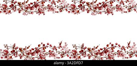 Rote Beeren an einem nahtlosen Rand. Zweige roter Beeren, festlicher Rahmen, isoliert auf Hintergrund. Aquarellabbildung in digitaler Form. Winterrot stechpalme Stockfoto
