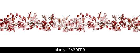 Rote Beeren an einem nahtlosen Rand. Zweige von roten Beeren, festliche Girlande, isoliert auf weißem Hintergrund. Aquarellabbildung in digitaler Form. Winter Stockfoto