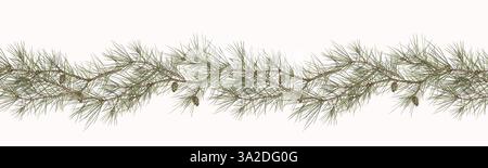 Kiefernäste in einem horizontalen nahtlosen Rand. Aquarellillustration im digitalen Stil. Tannenzapfen und grüne Tannennadeln. Fichtenzweige isoliert o Stockfoto