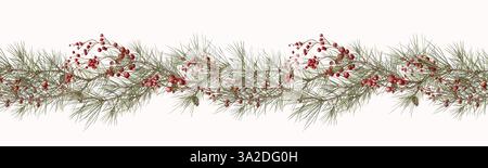 Kiefernäste in einem horizontalen nahtlosen Rand. Aquarellillustration im digitalen Stil. Tannenzapfen und grüne Kiefernnadeln. Rote Winterbeeren isoliert Stockfoto