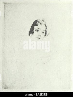 Dieses Stück untersucht den Einfluss von Mary Cassatts Stil und Themen, insbesondere ihren Fokus auf das häusliche Leben, einschließlich der intimen Beziehungen zwischen Müttern und Kindern. Cassatts Arbeit vermittelte oft persönliche Momente mit emotionaler Tiefe und Realismus. Stockfoto