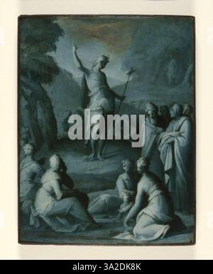 Dieses Kunstwerk von Giovanni Balducci zeigt den heiligen Johannes den Täufer, der eine Predigt hält. Das Gemälde fängt die Intensität der Szene ein und zeigt, wie Johannes vor einer Menge predigt, mit dramatischem Licht- und Schattenspiel. Stockfoto