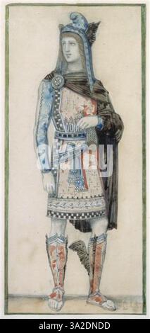 Diese Studie von Gustave Moreau konzentriert sich auf das theatralische Kostümdesign für die Figur Mercury, basierend auf Théodore de Banvilles Stück. Die Zeichnung zeigt komplizierte Details des Kostüms und der dynamischen Haltung der Figur. Stockfoto