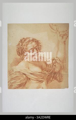 In diesem Entwurf von Simon Vouet wird eine Frau in Brustform gezeigt, die ein Tambourin spielt. Die Studie fängt ihre Haltung und die anmutige Bewegung ihrer Hände ein und betont Vouets Aufmerksamkeit für ausdrucksstarke Details. Stockfoto