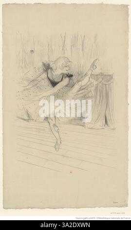 „Miss Ida Heath, danseuse anglaise“ zeigt eine englische Tänzerin in Bewegung. Toulouse-Lautrec fängt die Anmut und Fließfähigkeit ihrer Bewegungen mit ausdrucksstarken Linien und lebendigen Farben ein und erinnert an die dynamische Natur des Tanzes. Stockfoto