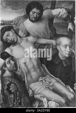 Dieses Stück von Hans Memlinc und Gerard David zeigt eine heilige Szene aus der Bibel. Die detailreiche und realistische Darstellung der Figuren, gepaart mit der reichen Farbpalette, verdeutlicht das Engagement der Nördlichen Renaissance für den religiösen Realismus. Stockfoto