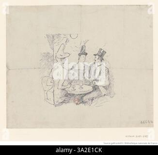 In *Trois personnages attablés* (drei Personen sitzen an einem Tisch) fängt Toulouse-Lautrec einen ruhigen sozialen Moment mit drei Figuren ein, die um einen Tisch sitzen. Das Stück reflektiert das Interesse des Künstlers an der Aufnahme des Alltags und der menschlichen Interaktion, typisch für seinen Stil in der Darstellung intimer sozialer Szenen. Stockfoto