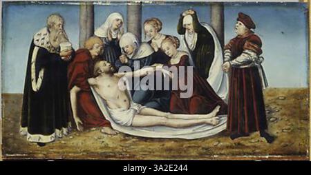 „Die Klage Christi“ von Lucas Cranach dem Älteren zeigt die traurige Szene, in der der Leib Christi von seinen Anhängern nach der Kreuzigung betrauert wird. Dieses Gemälde, das um 1538 entstanden ist, zeigt die Figur Christi umgeben von trauernden Figuren und fängt die tiefe Emotion und religiöse Hingabe des Augenblicks ein. Stockfoto