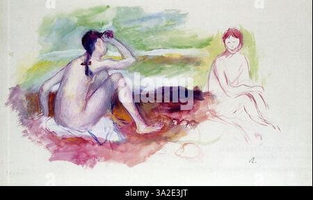Renoir 2baigneuses2 fängt zwei Figuren ein, die in einer ruhigen Landschaft baden, mit gedämpften Farben und sanften Pinselarbeiten, die eine friedliche, ruhige Stimmung hervorrufen. Stockfoto