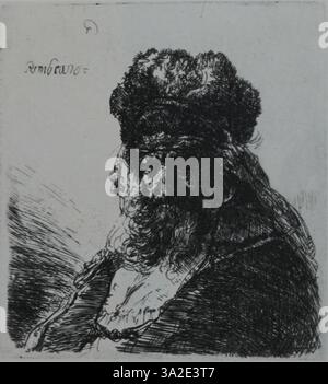 „White and Boon, B290“ von Rembrandt zeigt das Motiv mit einem Schwerpunkt auf Textur und emotionaler Tiefe und nutzt Licht und Schatten, um den Realismus der Figur zu verbessern. Stockfoto