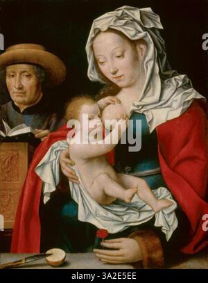 Dieses Gemälde von Joos van Cleve, das um 1515–1520 entstand, zeigt die Jungfrau Maria mit dem Christkind, begleitet von einem Spender. Das Stück ist emblematisch für die religiöse Kunst der Renaissance und betont die intime Beziehung zwischen den heiligen Figuren und dem Schutzpatron. Das Bildmaterial zeichnet sich durch präzise Details und leuchtende Farben aus. Stockfoto