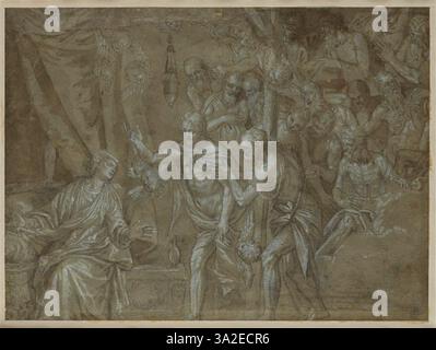 „Le Christ aux limbes“ von Paolo Veronese stellt Christus in Limbo dar und veranschaulicht die Zeit zwischen seinem Tod und seiner Auferstehung. Die Szene zeigt die göttliche Kraft und Erbarmung Christi mit dramatischen Kompositionen und Figuren, die für Veroneses religiöse Kunst typisch sind. Stockfoto