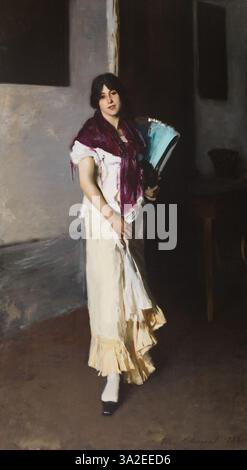 In diesem Porträt stellt John Singer Sargent eine venezianische Frau mit einer reichen, farbenfrohen Kulisse dar. Das Kunstwerk unterstreicht die Eleganz und das kulturelle Erbe des Motivs sowie die Aufmerksamkeit des Künstlers auf Stoffstrukturen und Licht. Stockfoto