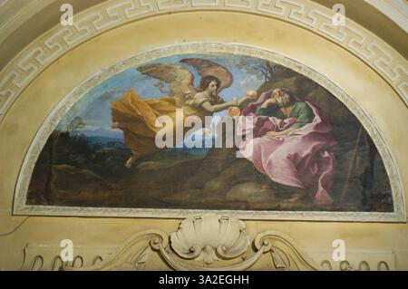 Elia nel deserto nutrito dall’angelo von Guido Reni stellt den biblischen Propheten Elia dar, der von einem Engel in der Wüste ernährt wird. Das Gemälde betont die göttliche Intervention und Versorgung in Zeiten der Not. Stockfoto