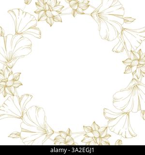 Lotus Gold Blumen und Blätter Kranz. Vektorillustration handgezeichnet und isoliert auf weiß Stock Vektor