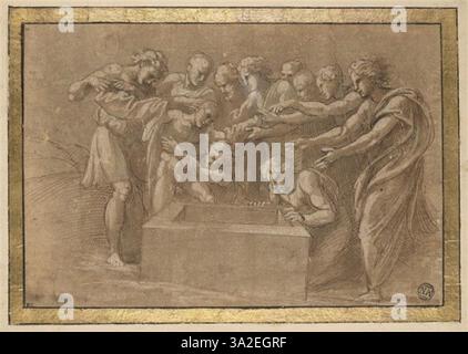 Dieses Gemälde ist eine Kopie von Raphaels Darstellung von Joseph, der von seinen Brüdern ausgezogen wurde, ein emotionaler Moment, der aus der biblischen Geschichte Josephs stammt. Die Komposition fängt die Spannung und den Verrat in dieser dramatischen Szene ein. Stockfoto