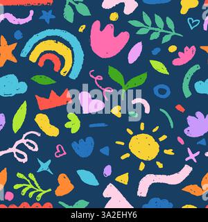 Marineblauer Hintergrund mit bunter Kreide, Buntstift handgezeichnet Scribble Formen. Abstraktes nahtloses Vektormuster. Stoffdesign für Kinder, Wickelpapier Stock Vektor