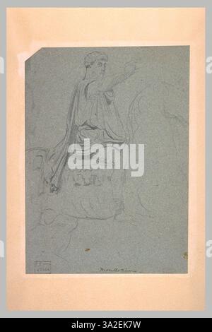 Eine Studie über die Reiterstatue von Marcus Aurelius von Théodore Chassériau mit Schwerpunkt auf Haltung und Gestaltung der Figur. Die Zeichnung zeigt Chassériaus Erforschung der klassischen Skulptur und der dynamischen Form des Pferdes. Stockfoto