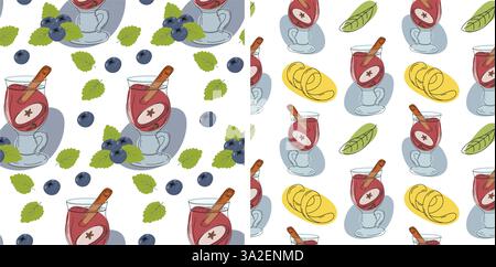 Glasbecher Drink Zimt Beeren Grüne Blätter Rind gemütliche nahtlose Muster Set 2 Glühwein Day Fond. Isolierte Vektor-Illustration Wallpaper Wrapping oder Web-Promo-Banner Thematische Karten, Etikett, Posten Stock Vektor