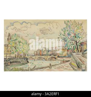 Paul Signacs Gemälde „Pont Louis Philippe“ zeigt die Brücke über die seine in Paris. Der pointillistische Stil fängt das Licht auf dem Wasser und die Reflexionen von Gebäuden entlang des Flusses ein. Stockfoto