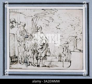 Abraham wypdzajcy Hagar i Izmaela zeigt, wie Abraham Hagar und ihren Sohn Ismael wegschickt. Die emotionale Intensität des Augenblicks wird durch Rembrandts Einsatz von Licht und Schatten betont. Stockfoto