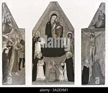 „Madonna con Bambino“ von Fra Angelico enthält eine detaillierte Darstellung der Jungfrau und des Kindes zusammen mit Heiligen wie Johannes dem Täufer, Dominik, Thomas von Aquin und Peter Martyr, die Szenen von Christi Passion und Kreuzigung zeigen. Stockfoto