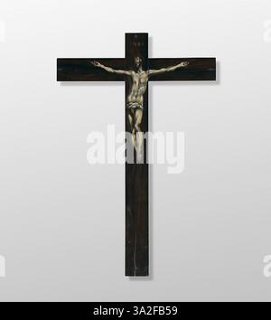 In diesem Gemälde, das El Greco’s Werkstatt zugeschrieben wird, wird Christus am Kreuz mit dramatischem Licht dargestellt, das die Qual und göttliche Natur der Figur hervorhebt. Die Verwendung von lebendigen Farben und langen Formen vermittelt sowohl das physische als auch das geistige Leiden Christi. Stockfoto