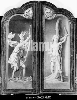 Dieses Triptychon von Joos van Cleve, das um 1520 entstand, stellt die Anbetung der Könige dar. Die erste Podiumsdiskussion zeigt die Könige, die dem Christkind Geschenke in einer detaillierten religiösen Szene präsentieren. Stockfoto