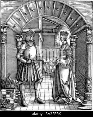 Albrecht Dürers Gravurtechnik wird in diesem Werk demonstriert und zeigt seine Beherrschung der feinen Linienführung, Tiefe und Realismus. Seine Figuren sind mit präzisen Details dargestellt, was seine Fähigkeit zur Darstellung menschlicher Anatomie und Emotionen verdeutlicht. Stockfoto