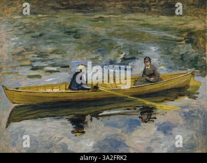 Renoir 280 fängt einen ruhigen Moment in einem Garten ein, in dem der Künstler sanfte Pinselstriche und natürliches Licht verwendet, um eine friedliche Interaktion zwischen den Figuren darzustellen. Stockfoto