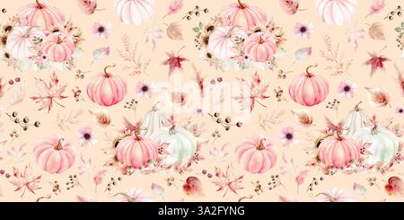 Orangefarbene und rosa Kürbisse, Sonnenblumen und Herbstblätter auf weißem Hintergrund. Aquarellmuster in Pastellfarben. Die Zeichnung wird von Hand gezeichnet. Geeignet für Karten, Einladungen und Textilien. Fertigdruck für Textilien und Typografie Stockfoto