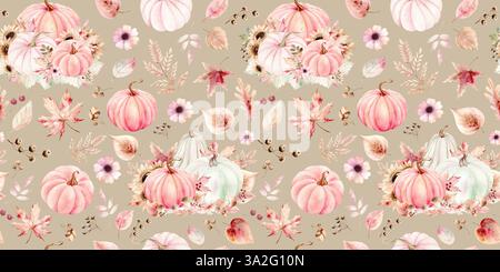 Orangefarbene und rosa Kürbisse, Sonnenblumen und Herbstblätter auf weißem Hintergrund. Aquarellmuster in Pastellfarben. Die Zeichnung wird von Hand gezeichnet. Geeignet für Karten, Einladungen und Textilien. Fertigdruck für Textilien und Typografie Stockfoto