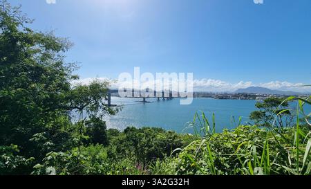 Ein atemberaubender Panoramablick auf eine große Brücke, die sich über ein glitzerndes Gewässer erstreckt und eine pulsierende Skyline der Stadt mit üppigen, grünen Hügeln verbindet. Stockfoto