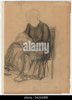 „Oude Kate - Femme assise sur une Chaise“ zeigt eine sitzende Frau, ihre Position ruhig und dennoch introspektiv. Der Überrollschutz verwendet Schattierungen und detaillierte Rendering, um die Tiefe der ruhigen Präsenz des Motivs zu vermitteln. Stockfoto