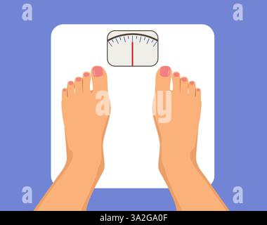 Nahaufnahme Der Weiblichen Füße Mit Vektorillustration Der Gewichtswaage. Person, die auf dem Messgerät wiegt Stock Vektor