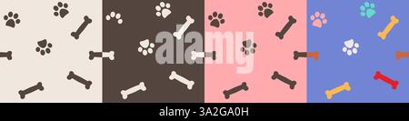 Sammlung von 4 verschiedenen Farbhintergründen mit nahtlosem Muster für Knochen und Paw Footprint Stock Vektor