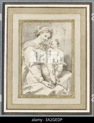 Dieses Bild zeigt das Jesuskind, das auf den Knien der Jungfrau Maria steht und ein kleines Kreuz hält. Die Komposition betont die Bindung zwischen Mutter und Kind mit göttlichem Symbolismus. Stockfoto