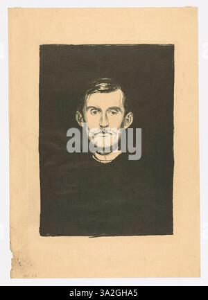 In diesem Selbstporträt fängt Edvard Munch einen Moment tiefer Reflexion ein. Die Verwendung dunkler Farbtöne und dramatischer Beleuchtung unterstreicht seine emotionale Introspektion und Erforschung psychologischer Themen. Stockfoto