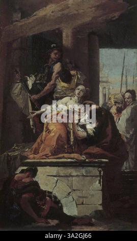 Giovanni Battista Tiepolos „Martyrium der Heiligen Agatha“ beschreibt das Leiden der heiligen während ihrer Verfolgung. Das Gemälde fängt die Intensität des Augenblicks mit dramatischem Licht und lebhaften Farben ein und unterstreicht den Glauben und die Widerstandsfähigkeit des heiligen angesichts der Widrigkeiten. Stockfoto