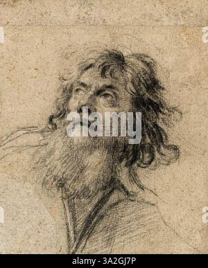 Diese Zeichnung zeigt den Kopf eines bärtigen Mannes, der im Profil dargestellt ist und nach oben blickt. Die Studie erfasst die Details seiner Gesichtszüge und seines Ausdrucks. Stockfoto