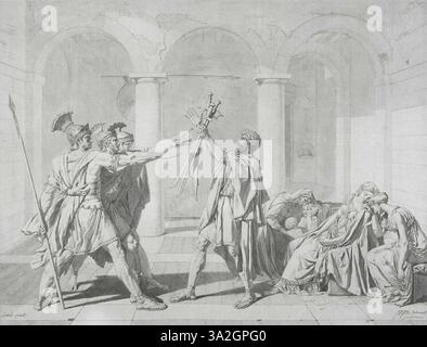 Diese Zeichnung von Jean-Auguste Dominique Ingres basiert auf Jacques-Louis Davids berühmtem Gemälde „der Eid der Horatii“. Es zeigt Ingres’ technisches Können, historische Szenen mit Bleistift darzustellen. Stockfoto
