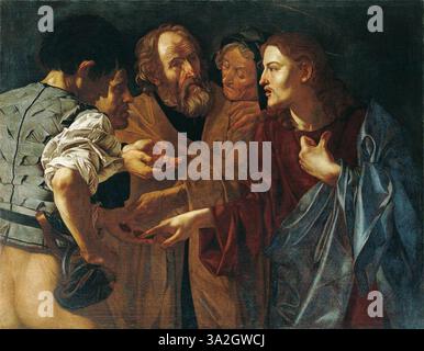 Cecco del Caravaggios „Tribut of the Coin“ stellt die biblische Szene dar, in der Jesus und die Pharisäer über die Zahlung von Steuern diskutieren. Das Gemälde zeigt Caravaggios Beherrschung von Licht und tiefem Kontrast. Stockfoto