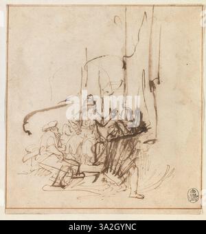 Ferdinand Bols Gemälde zeigt die biblische Geschichte von Joseph, der die Träume seiner Mitgefangenen interpretiert. Der emotionale Ton der Szene wird durch dramatische Kontraste von Licht und Schatten unterstrichen. Stockfoto