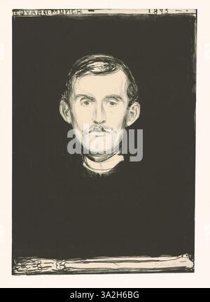 Edvard Munchs Selbstporträt fängt den Künstler in einem Moment der Introspektion ein. Das Stück zeigt den unverkennbaren Stil von Munch mit kräftigen Pinselstichen und ausdrucksstarken Farbkontrasten und unterstreicht seine Erforschung emotionaler Komplexität und persönlicher Identität. Stockfoto