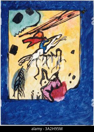 „Etude pour la Couverture de l'Almanach der Blaue Reiter“ ist eine Studie von Kandinsky für das Cover des berühmten „Blauen Reiters Almanach“. Es erforscht abstrakte Formen und lebendige Farben und verkörpert den Geist der Blue Rider Gruppe. Stockfoto