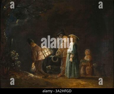 Dieses Gemälde mit dem Titel „The Night Walk“ von Joos van Craesbeeck zeigt eine Figur, die durch die Nacht geht und die ruhige Ruhe der Abendstunden widerspiegelt. Der einsame Spaziergang der Figur durch die Dunkelheit trägt zur friedlichen und doch einsamen Natur des Augenblicks bei. Stockfoto